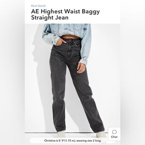 AE Highest Waist Baggy Straight Jean - Black Wash - Size 6Short - Style 04373566